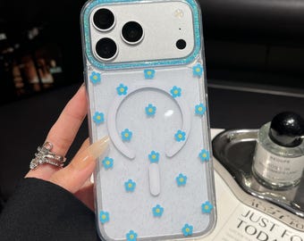 Élégante coque de portable personnalisable MagSafe à fleurs bleues et paillettes - Silicone transparent imprimé fleurs Cadeaux pour lui et son iPhone Samsung Pixel Motorola