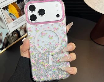 Coque de portable personnalisable MagSafe avec fleurs roses et paillettes personnalisables - Coque transparente scintillante et esthétique Cadeaux pour lui et son iPhone Samsung Pixel