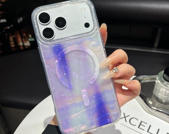 Élégante coque de téléphone personnalisable MagSafe en marbre violet scintillant - Coque brillante irisée Cadeaux pour lui et son iPhone Samsung Pixel Motorola