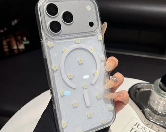 Élégante coque de téléphone personnalisable MagSafe à fleurs blanches et paillettes - Silicone transparent imprimé fleurs Cadeaux pour lui et son iPhone Samsung Pixel