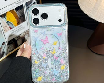 Coque de portable esthétique personnalisable papillon scintillante MagSafe - Coque transparente scintillante et esthétique, Cadeaux pour lui et son iPhone Samsung Pixel