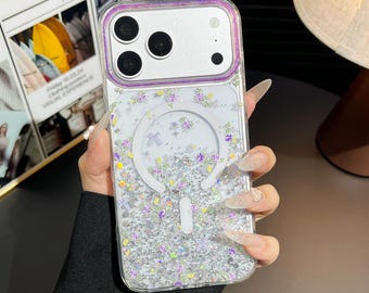 Coque de portable personnalisable MagSafe, rose pourpre et paillettes personnalisables - Coque transparente scintillante et esthétique Cadeaux pour lui et son iPhone Samsung Pixel