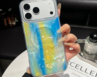 Élégante coque de portable personnalisable MagSafe en marbre bleu et citron vert scintillant - Coque brillante irisée Cadeaux pour lui et son iPhone Samsung Pixel Motorola