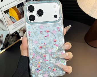Coque de portable personnalisable MagSafe à paillettes et fleurs personnalisables esthétiques - Cadeau esthétique pour lui et son iPhone, Samsung Pixel