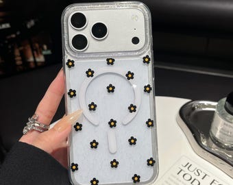 Élégante coque de portable personnalisable MagSafe florale noire à paillettes - Silicone transparent imprimé fleurs Cadeaux pour lui et son iPhone Samsung Pixel Motorola