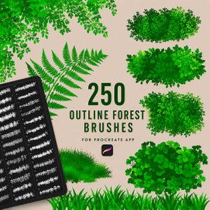 Può includere: Una collezione digitale di 250 pennelli a contorno forestale per l'app Procreate, che presenta varie illustrazioni di fogliame verde tra cui rami, felci, ciuffi d'erba e arbusti densi, insieme a un menu di set di pennelli nero.