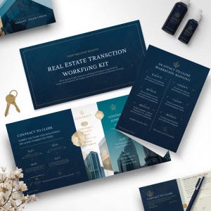 May include: A real estate transaction working kit featuring dark blue printed documents with gold accents, including a contract to close, a workflow mapping guide, two small black spray bottles, a gold key, and a black pen on a white surface.