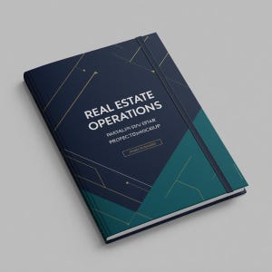 May include: A dark blue and teal notebook with an elastic closure band. The cover features the white text REAL ESTATE OPERATIONS, along with smaller text and thin gold geometric lines forming an abstract pattern across the front surface.