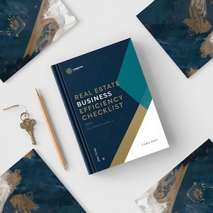 May include: A dark blue book titled Real Estate Business Efficiency Checklist with gold and teal geometric accents, accompanied by a gold pen and a gold key, surrounded by four corners of dark blue and gold abstract patterned paper sheets.