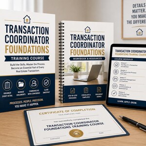 Pode incluir: Um conjunto de materiais de formação imobiliária, incluindo um livro, um caderno de exercícios, um tablet e um certificado. O livro e o caderno de exercícios são intitulados "Transaction Coordinator Foundations Training Course". O tablet exibe módulos de curso.
