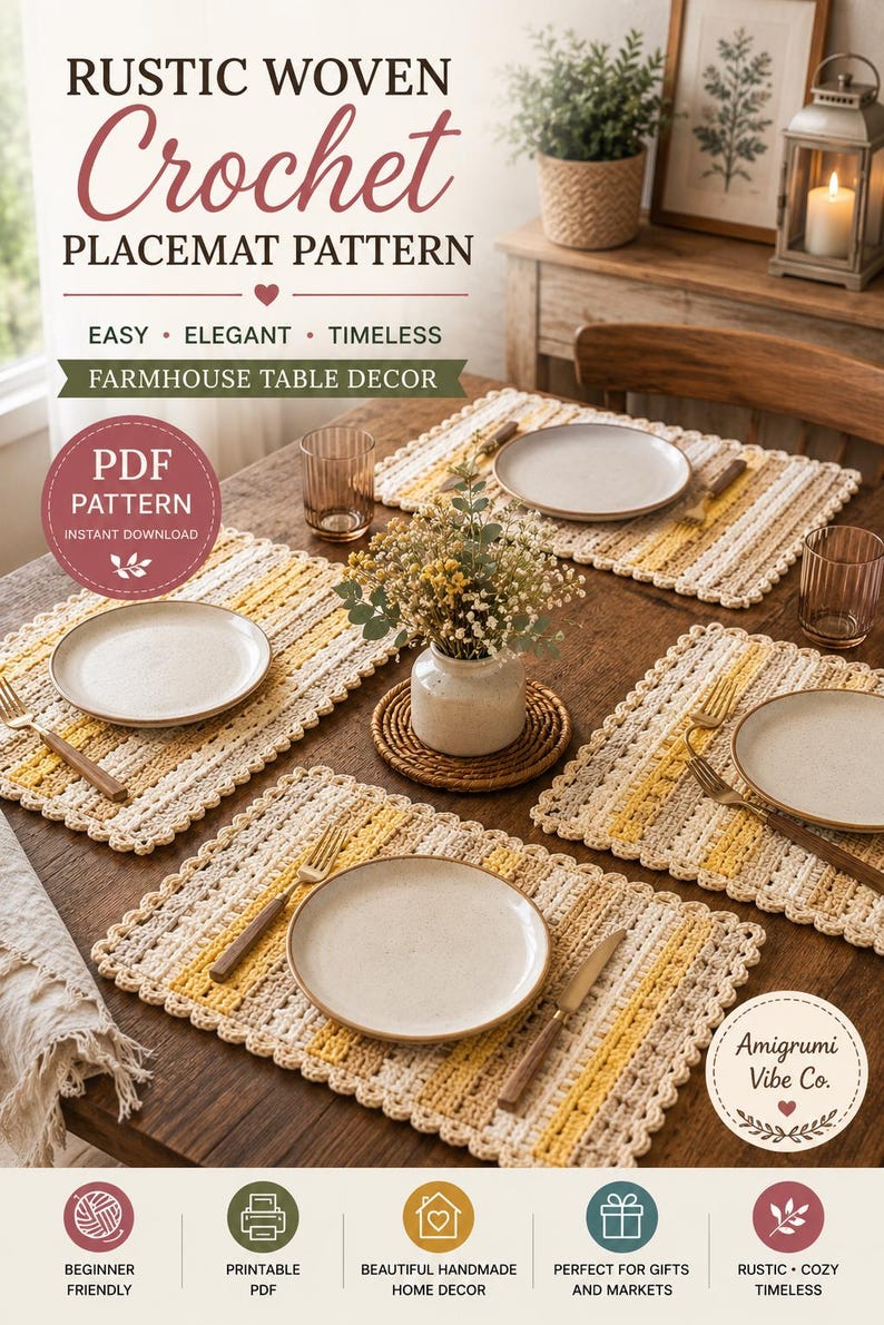 Rustic Woven Crochet Placemat Pattern | Farmhouse Table Mat (PDF Download) image 5