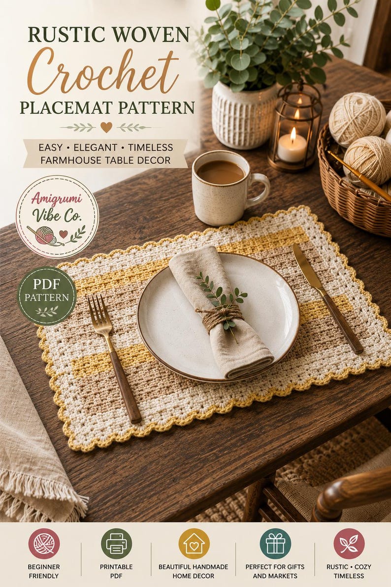 Rustic Woven Crochet Placemat Pattern | Farmhouse Table Mat (PDF Download) image 6