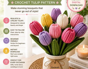 Realistic Tulip Crochet Pattern PDF, Beginner Flower Bouquet Tutorial (Digital Download)