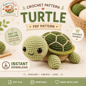 Może przedstawiać: Wzór na szydełkową zabawkę amigurumi w kształcie żółwia. Obraz przedstawia gotowego żółwia z zielonym pancerzem oraz jasnozieloną głową i kończynami. Tekst na obrazie głosi "CROCHET PATTERN TURTLE PDF PATTERN" i "INSTANT DOWNLOAD".