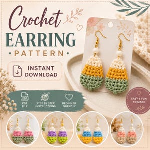 Op de afbeelding: Een digitaal haakpatroon voor oorbellen met de tekst Crochet EARRING PATTERN en INSTANT DOWNLOAD. De afbeelding toont een paar druppelvormige oorbellen met witte, gele en groene garensegmenten en goudkleurige haken.