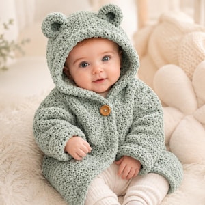 Op de afbeelding: Een lichtgroen gehaakt babyjasje met een capuchon met berenoren. Het jasje heeft een enkele houten knoopsluiting. De baby draagt een witte broek en zit op een zacht, wit oppervlak. Een charmant kledingstuk.