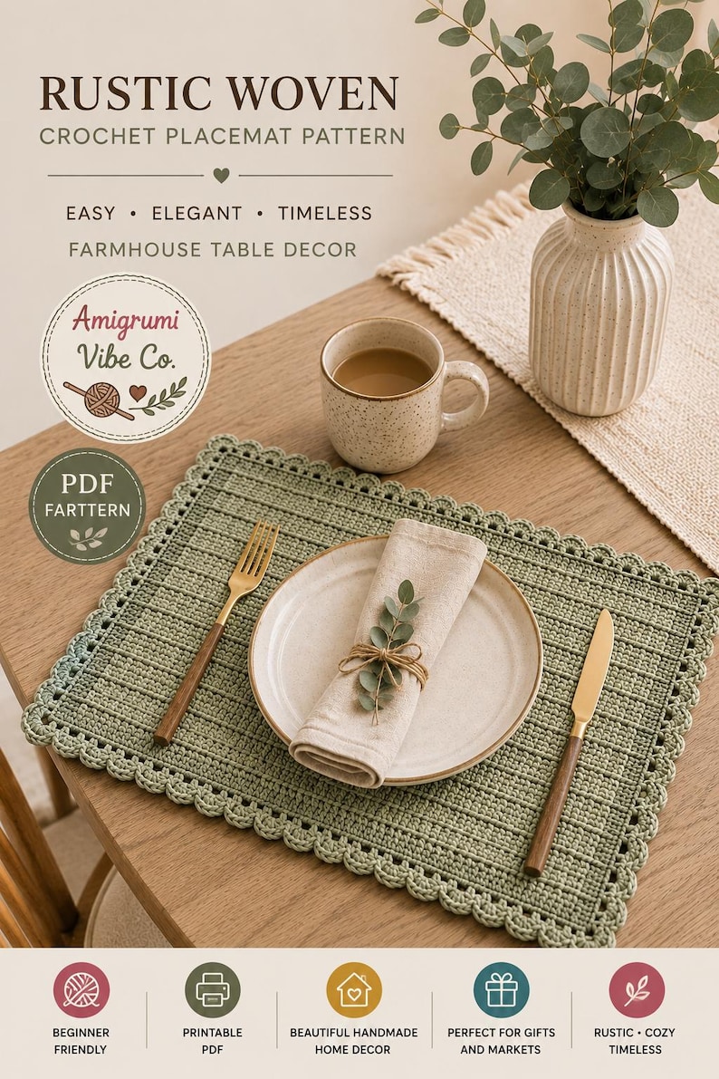 Rustic Woven Crochet Placemat Pattern | Farmhouse Table Mat (PDF Download) image 7