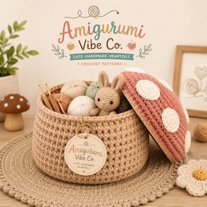 Peut inclure: Un panier crocheté beige rempli de pelotes de laine, de crochets et d'un petit lapin amigurumi. Un coussin en forme de champignon crocheté rose avec des pois blancs est à côté du panier. Le panier porte une étiquette "Amigurumi Vibe Co."