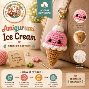 May include: A crochet pattern for an amigurumi ice cream cone, featuring a pink scoop with colorful sprinkles, a white whipped topping, and a tan waffle cone. The digital guide includes detailed photos, step-by-step instructions, and a beginner-friendly layout.