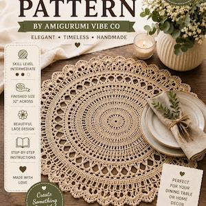 Puede incluir: Un patrón de ganchillo para un mantel redondo. La medida final es de 81 cm de diámetro. El patrón incluye instrucciones paso a paso y está diseñado con un hermoso diseño de encaje. Descarga instantánea en PDF.
