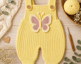 Crochet Butterfly Baby Romper Pattern, Ribbed Dungarees, Newborn Overalls (0-3 Months) (PDF Download)