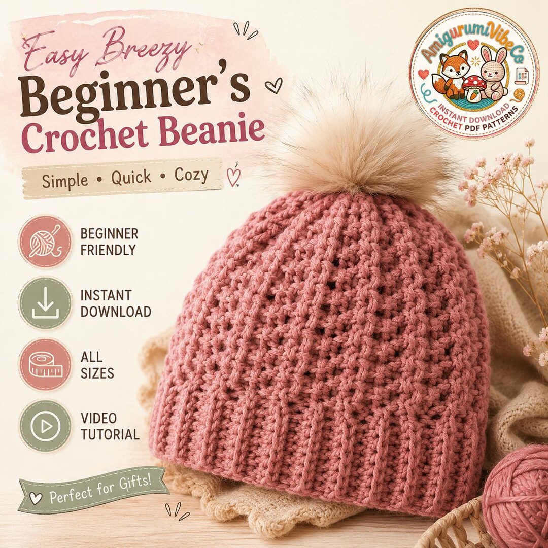 Beginner Crochet Beanie Pattern – Ribbed Pom Pom Hat PDF (instant ...