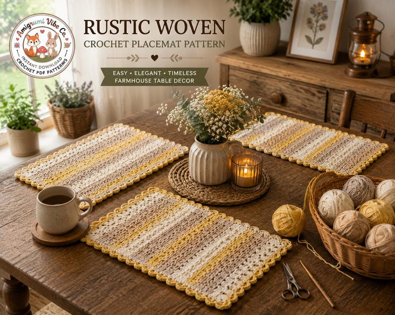 Rustic Woven Crochet Placemat Pattern | Farmhouse Table Mat (PDF Download) image 4