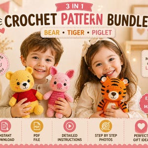 3-i-1-paket med virkmönster för djur | Amigurumi med björn, griskött och tiger (PDF-nedladdning)