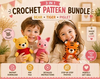 3-in-1 Animal Crochet Pattern Bundle | Bear, Piglet, Tiger Amigurumi (PDF Download)