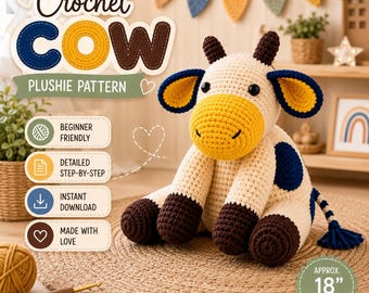 Crochet Cow Plushie Pattern, Beginner Friendly Farm Animal Toy (PDF Download)