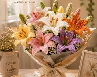 Handmade Crochet Lily Bouquet | Pink, Purple Yarn Flowers, Keepsake Gift