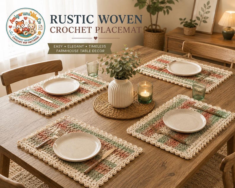 Rustic Woven Crochet Placemat Pattern | Farmhouse Table Mat (PDF Download) image 3