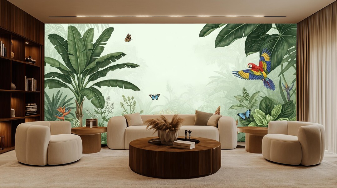 Sage Green Tropical Wallpaper Mural, Botanical Jungle – Nursery – Peel ...