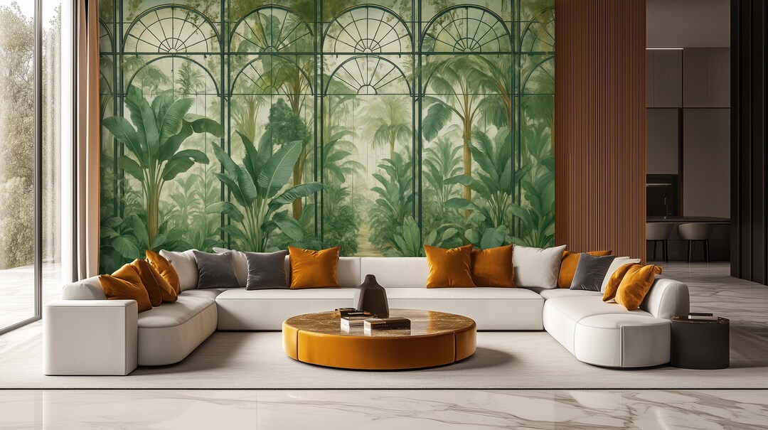 Sage Green Tropical Wallpaper Mural, Greenhouse – Living Room – Peel ...