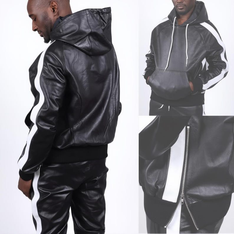 May include: Black leather hoodie and matching pants with white stripes down the sides. The hoodie has a drawstring hood and a front pocket. The jacket has a zipper closure. The outfit is shown on a person.