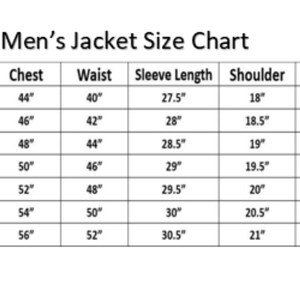 May include: A size chart for men's jackets, with measurements in inches. The chart includes chest, waist, sleeve length, shoulder, and length measurements for sizes S through 4XL. The text "Men's Jacket Size Chart" is at the top.