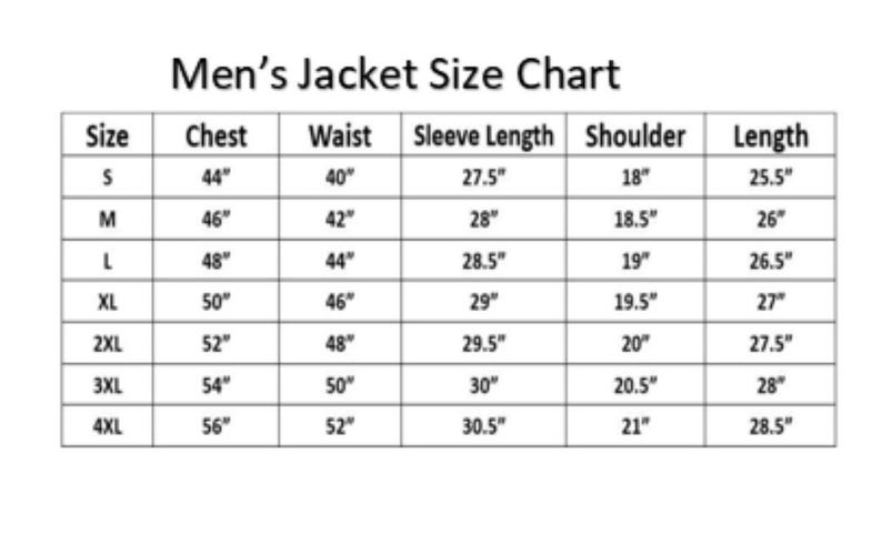 May include: A size chart for men's jackets, with measurements in inches. The chart includes chest, waist, sleeve length, shoulder, and length measurements for sizes S through 4XL. The text "Men's Jacket Size Chart" is at the top.