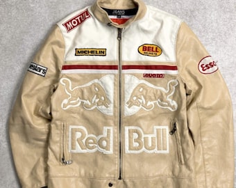 Handmade Unisex Vintage Red Bull Motorcycle Leather Racing Jacket Real Cowhide Biker Jacket F1 Motorsport Outerwear Stylish Wears