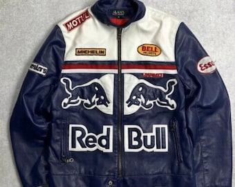 Handmade Unisex Vintage Red Bull Motorcycle Leather Racing Jacket Real Cowhide Biker F1 Racing Outerwear Stylish Wears Gift For Him