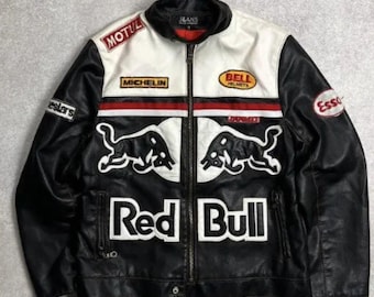 Handmade Unisex Vintage Red Bull Motorcycle Leather Racing Jacket Real Cowhide Biker Jacket F1 Motorsport Outerwear Stylish Wears