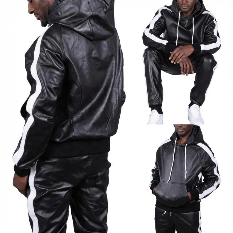 May include: Black leather tracksuit with white stripes on the sleeves and legs. The set includes a hooded jacket and matching pants. The jacket has a drawstring hood and a front pocket. The tracksuit is shown on a person.