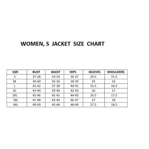 May include: A white background displays a size chart for women's jackets. The chart includes sizes S to 4XL, with corresponding bust, waist, hips, sleeves, and shoulder measurements in inches. The text "WOMEN, S JACKET SIZE CHART" is at the top.
