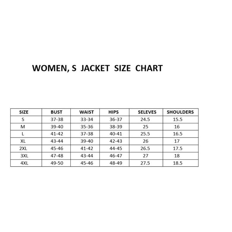 May include: A white background displays a size chart for women's jackets. The chart includes sizes S to 4XL, with corresponding bust, waist, hips, sleeves, and shoulder measurements in inches. The text "WOMEN, S JACKET SIZE CHART" is at the top.