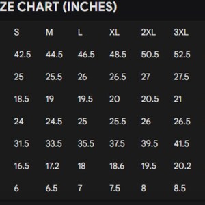 May include: A jacket size chart in inches, with measurements for chest, back length, shoulder, sleeve, hip, bicep, and cuff. Sizes range from S to 5XL, with corresponding measurements in inches.