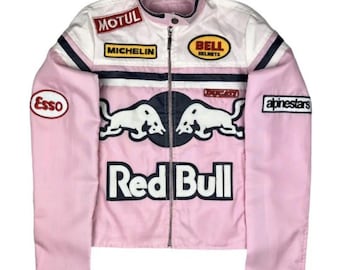 Women's Vintage Rare Red Bull Pink Motorcycle Leather Jacket Real Cowhide Biker F1 Jacket Motorsports Outwear Stylish Jacket Gift For Her