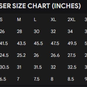 May include: A black and white pants/trouser size chart in inches. Measurements include waist, hip, thigh, hem to length, and bottom, with sizes ranging from S to 5XL. The waist measurements range from 26 to 40 inches.