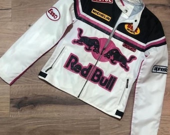 Women's Vintage Rare Red Bull Motorcycle Leather Racing Jacket Real Cowhide Biker Jacket F1 Motorsport Outerwear Stylish Leather Jacket
