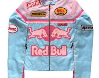 Women's Vintage Rare Red Bull Motorcycle Leather Racing Jacket Real Cowhide Biker Jacket F1 Motorsport Outerwear Stylish Leather Jacket