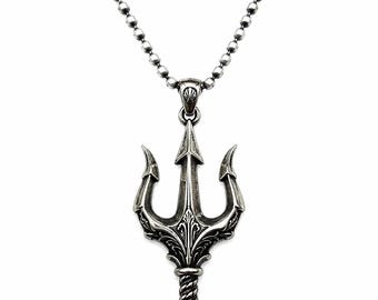 Sterling Silver Poseidon Trident Pendant, Oxidized Greek Mythology Necklace, Nautical Ocean Gift