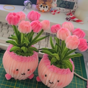 Könnte beinhalten: Zwei handgefertigte rosa Blumentöpfe mit lächelnden Gesichtern, gefüllt mit rosa Pomponblumen und grünen Blättern. Die Töpfe stehen auf einer grünen Gitteroberfläche, was auf ein Bastel- oder DIY-Projekt hindeutet.